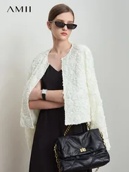 AMII Minimalism Short Jacket Women 2025 Autumn New Elegant Romantic Stereoscopic Flower O-Neck Hook Button Outwear Coat 12521066
