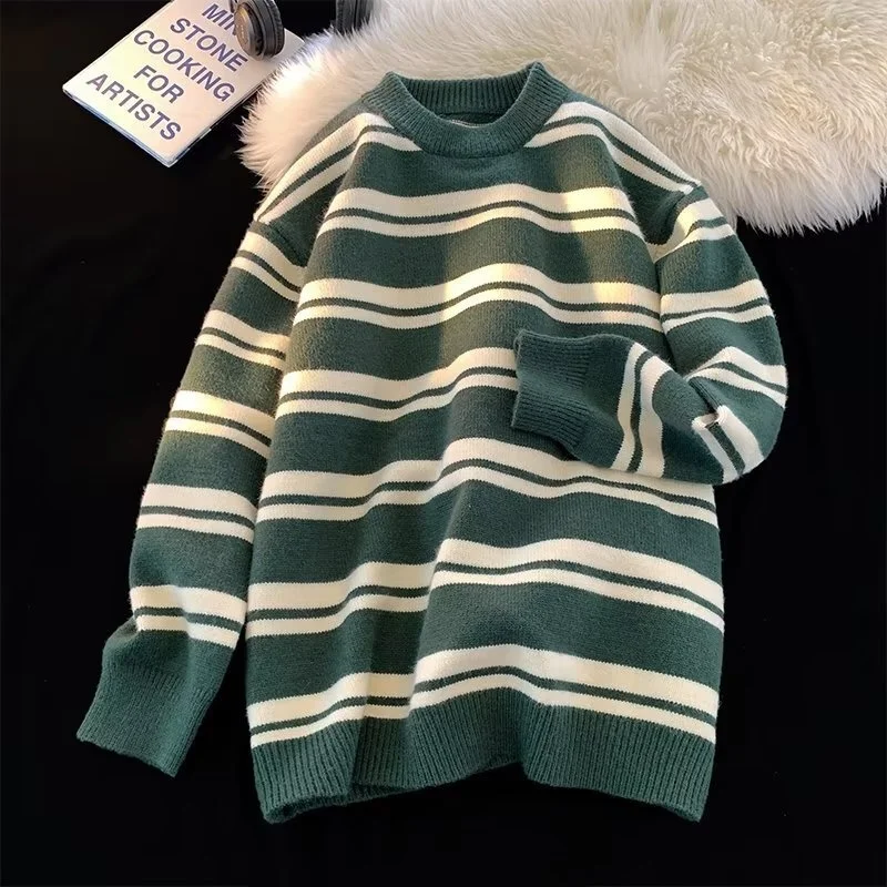 Thiened een Stripes Knitted Sweater Men's Autumn Winter Color Blo round Ne American Lazy Sle Outerwear for Teens