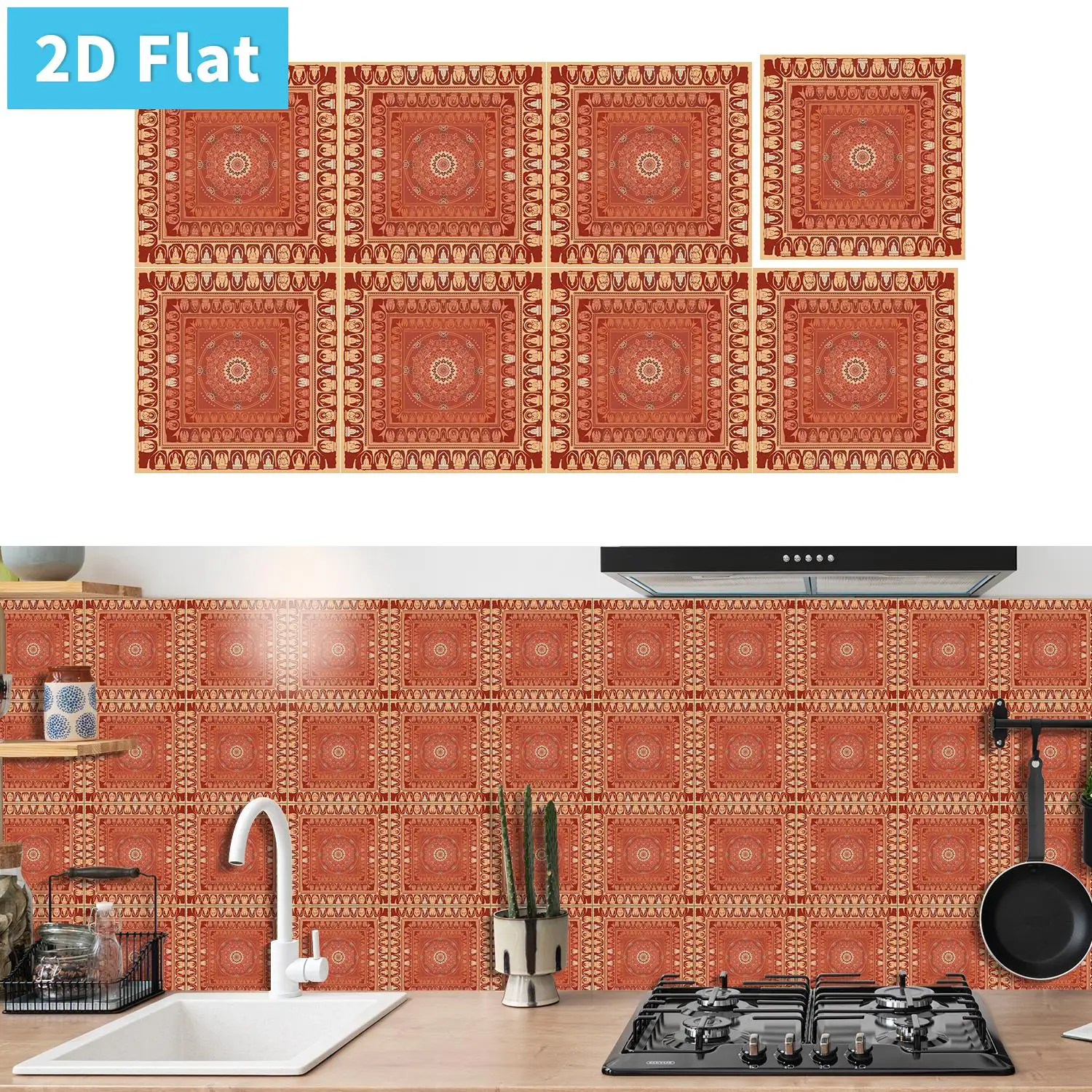 24Pcs Tile Stickers, Ethnic Mandala Style, Self Adhesive Anti-fouling Decals for Kitchen Wall Decor