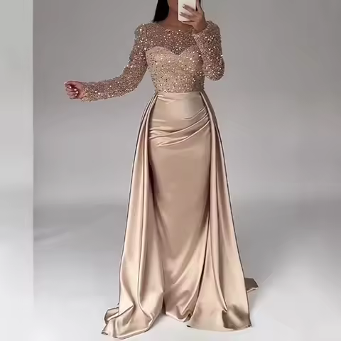 Elegant Long Sleeve Sequin Evening Dress for Women Party Ball Hostess Queen Style Polyester Fiber Mid-length A- line Dress