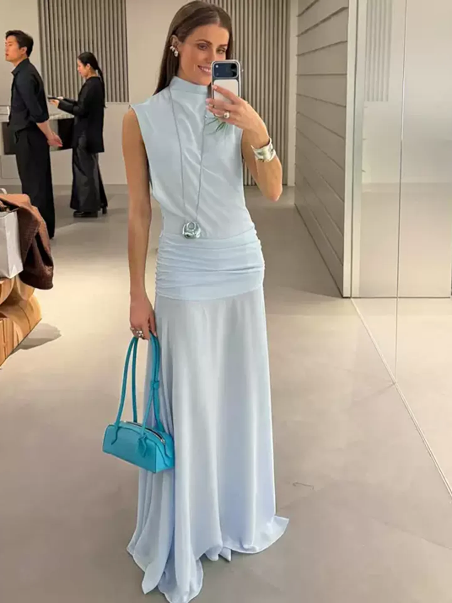 

Элегантное облегающее длинное платье Kliou с прозрачными вставками, воротником-стойкой, без рукавов, с завышенной талией, для вечеринок и выпускных вечеров