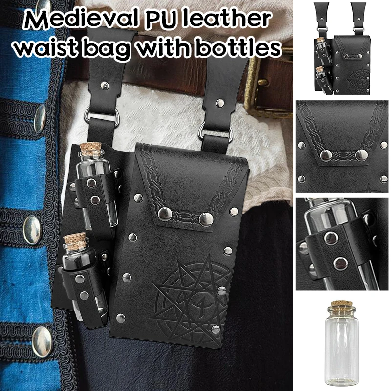 

Medieval Alchemy Belt Bag Faux Leather Retro Magician Pouch Renaissance Wizard Waist Bag With 2 Cork Bottles Halloween Cosplay