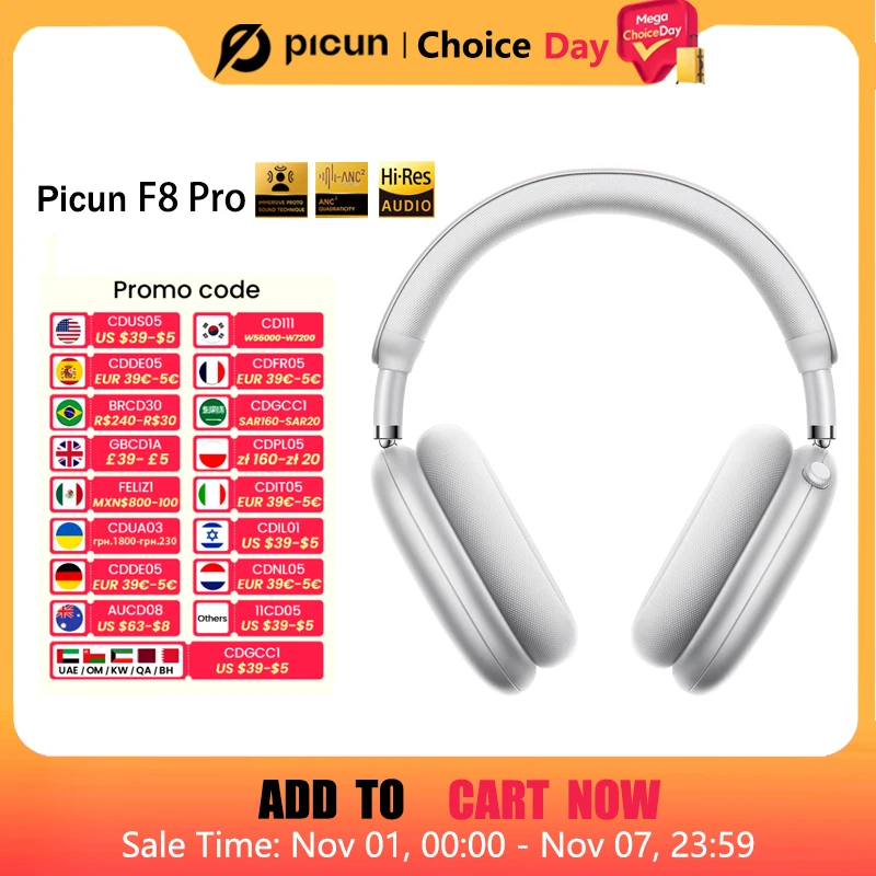 

Picun F8 Pro ANC Wireless Headphones 3D Spatial Audio Head Tracking -52dB ANC HIFI Bluetooth Headset ENC HD Mic Low-Latency APP