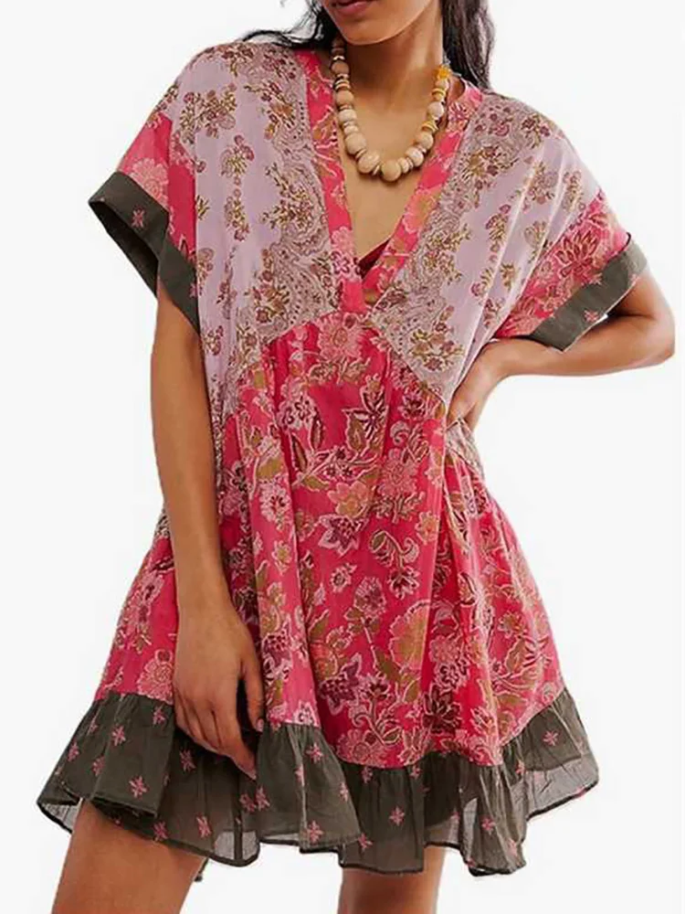 Damska patchworkowa sukienka na co dzień z krótkim rękawem, letnie wakacje, modna, prosta mini sukienka z nadrukiem, 2024 sukienka damska z głębokim dekoltem w szpic