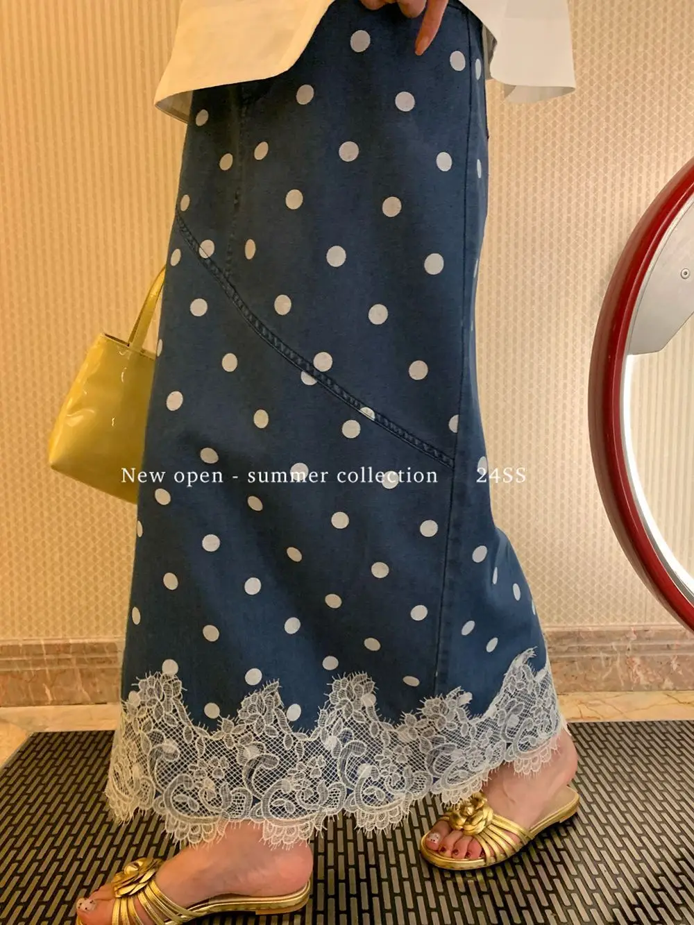 

2025 Summer French Style Lace Patchwork Polka Dot Denim Skirt for Women Korean Slim Fit Elegant Midi Skirt Chic Trendy Design