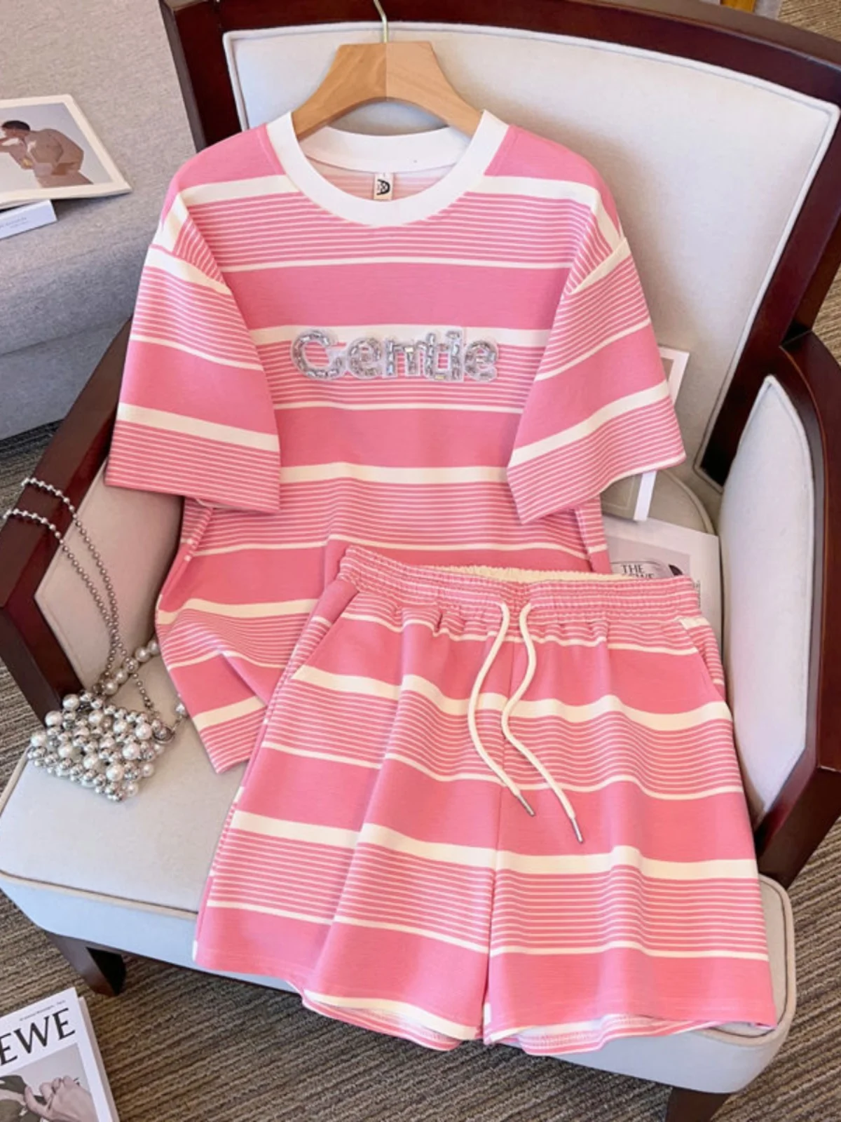 Slimming Effect Summer Large Size Women's Set Letter Splicing Stripe T-shirt Shorts Two-Piece Set Bright Sparkle Casual Sport...