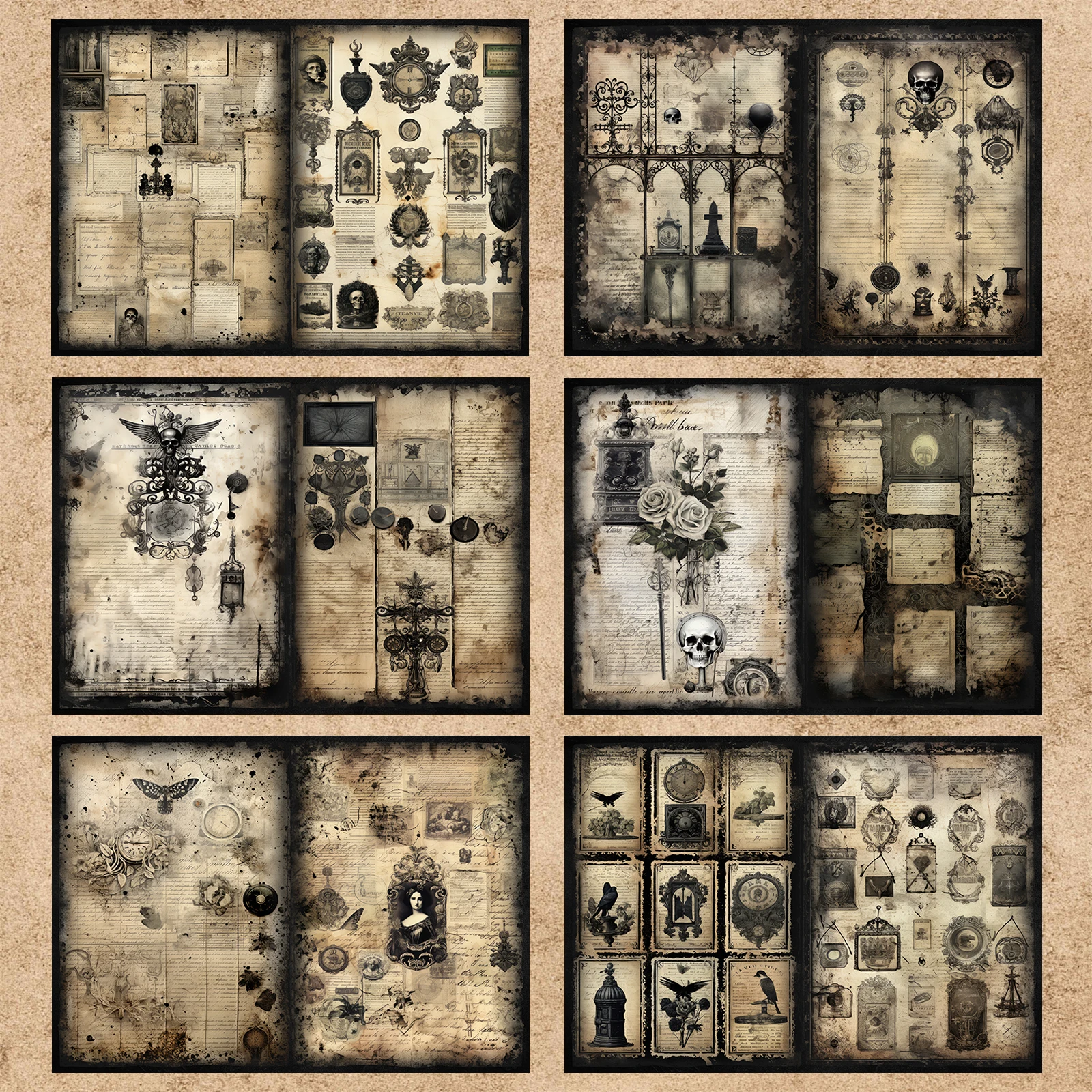 10 Sheets A5 Size Halloween Horror Skull Tag Background Vintage Grunge Journal Planning Scrapbooking
