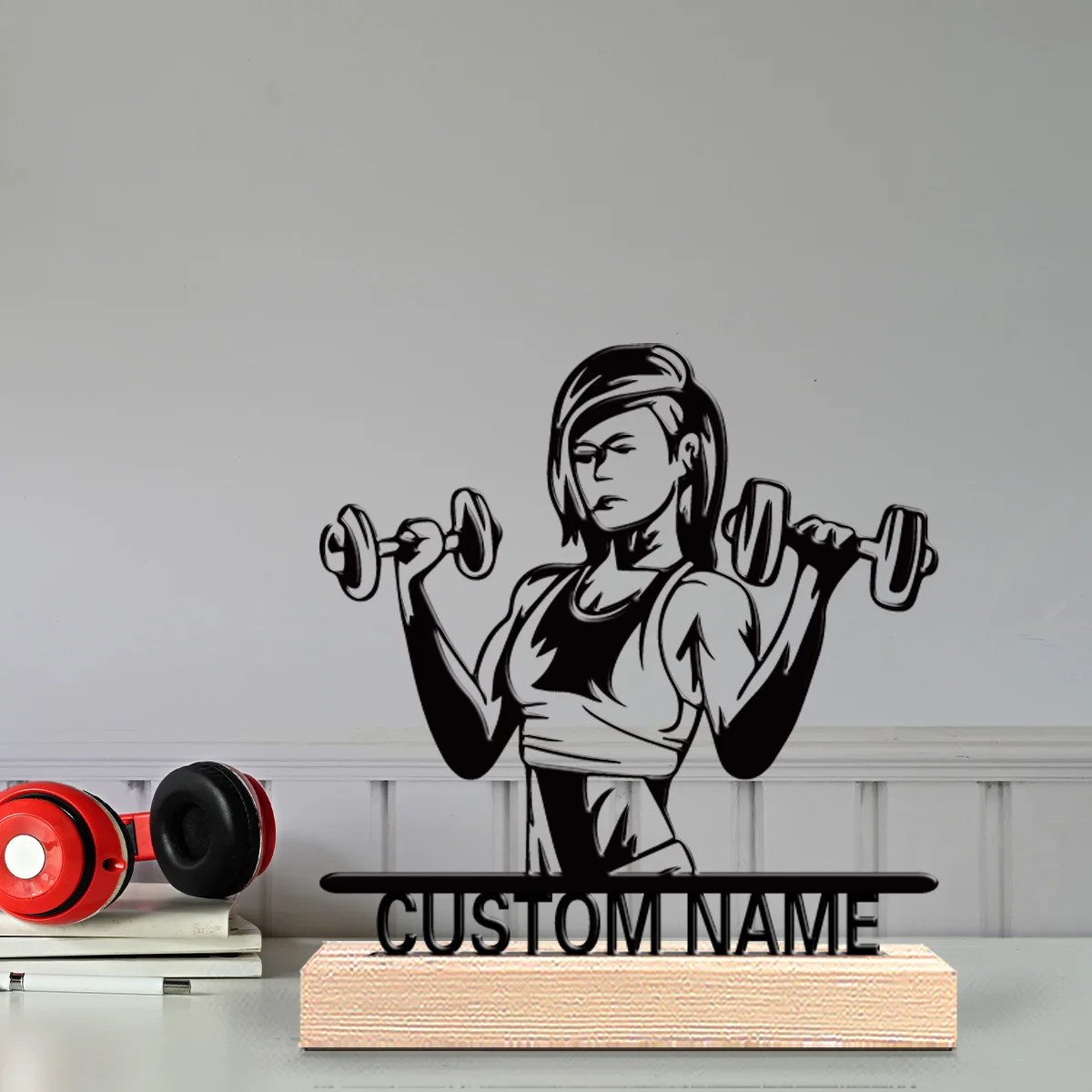 1pc Minimalist lift Personalized Text Metal Statue Metal Art Figurine With Wood Base Iron Statue With Wood Base Home Table