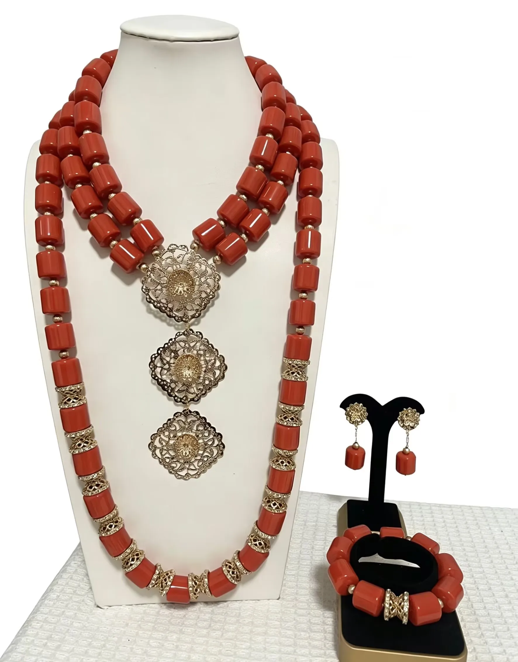 3pcs Coral Beads Jewelry Set Nigerian Wedding Bridal Gold Plated African Jewelry for Black Women