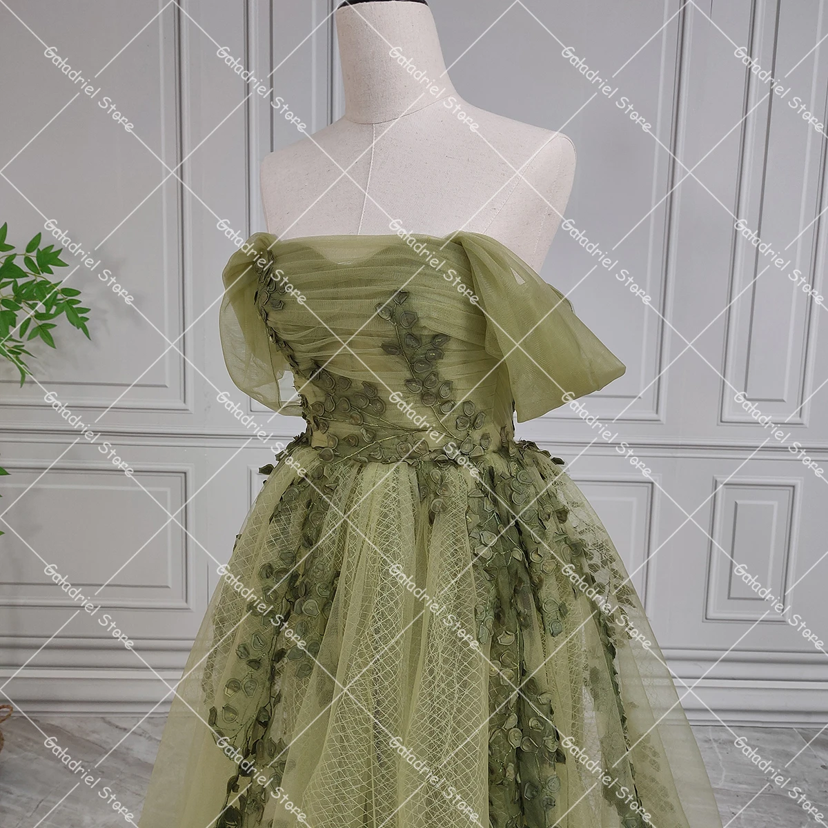 Vine Lace Off Shoulder Olive Green Evening Dresses Maxi Long Soft Tulle A Line Corset Closure Customized Prom Gowns with Boning