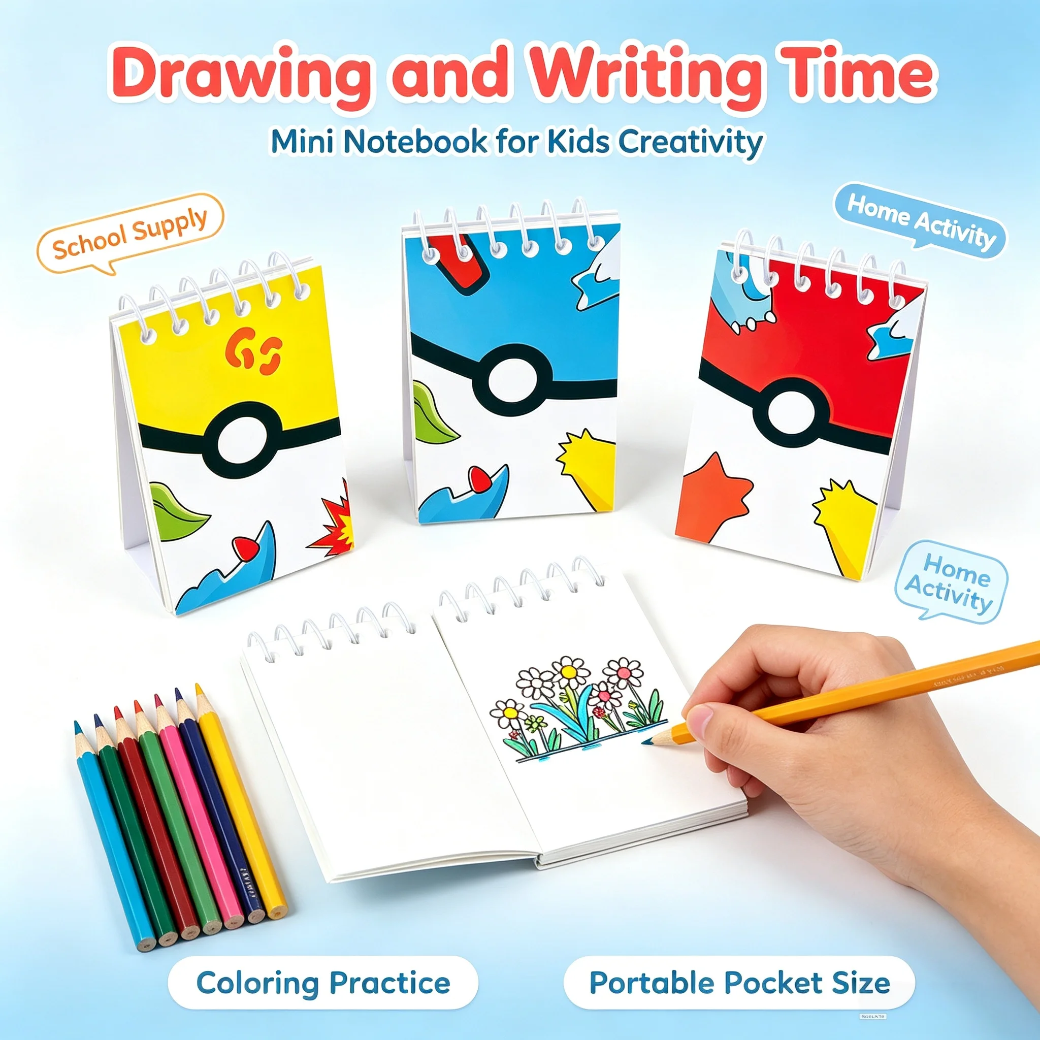 Image of 6er- oder 12er-Set Pokeball-Themen-Mini-Notizbücher: Süße Cartoon-Taschennotizblöcke, Anime-Merchandise, tragbare Notizblöcke, kleine Tagebücher für Studenten