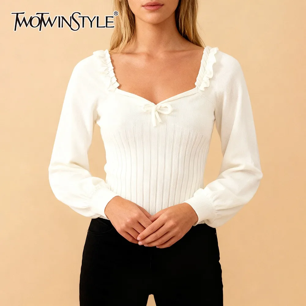 

TWOTWINSTYLE Solid Slimming Pullover for Women Square Collar Wrist Sleeves Patchwork Bowknot Elegant Sweet Style Knitwear Female