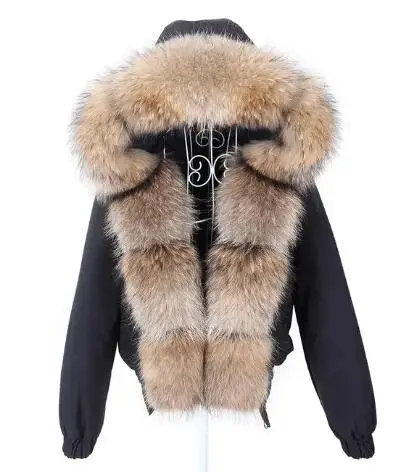 

2024 MAOMAOKONG Fashion Short Women's Real Fox Fur Coat Natural Big Raccoon Fur Collar Winter Parka Bomber Jacket Waterproof