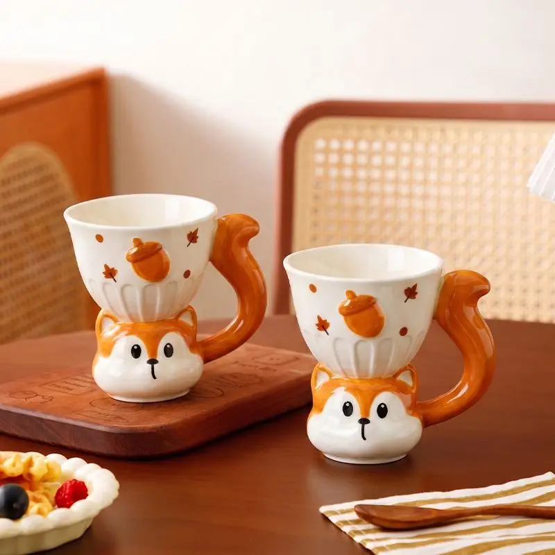 200ML Squirrel Ceramic Coffee Mug Home Breakfast Cup 3D Relief Squirrel Mug Afternoon Tea Flower Tea Coffee Cup Birthday Gifts