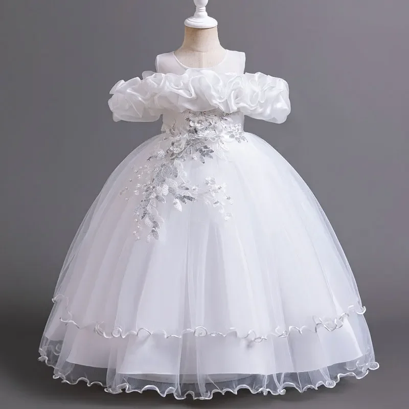 Summer Kids Girl Evening Gown Fashion Flower Girl Dresses for Weddings Short Sleeve Lace Children Girls Dress 3-14 Years