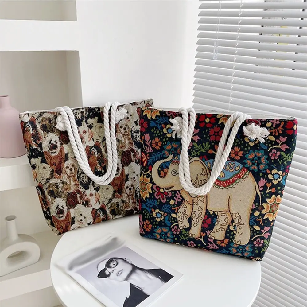 Animal Ethnic Style Handbag Vintage Handbag Embroidery Elephant Canvas Tote Bag Canvas Cat Women Shoulder Bags Grocery Handbags