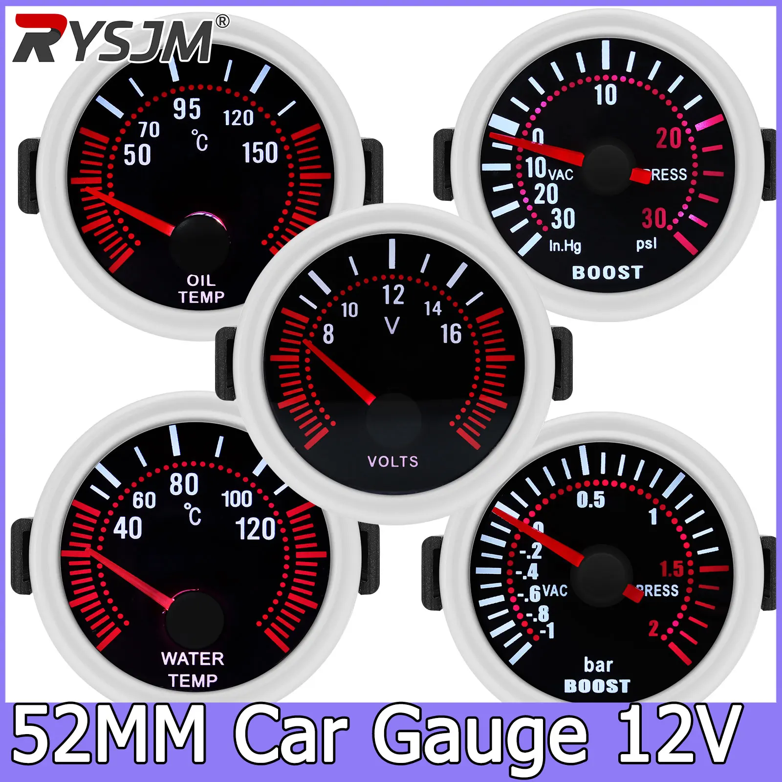 52mm RPM Voltmeter Turbo Boost Gauge Bar PSI Tachometer For 12V Car Smoke Len Water Temp Meter Oil Pressure Gauge Tacho