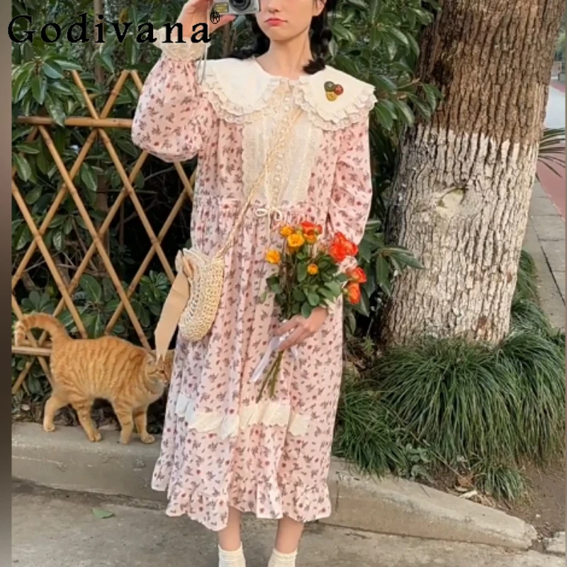 

Весенне-летнее ретро-платье с цветочным принтом, длинными рукавами, розовым кружевом и воротником Питер Пэн, модное, с завышенной талией, А-силуэт, универсальное, омолаживающее