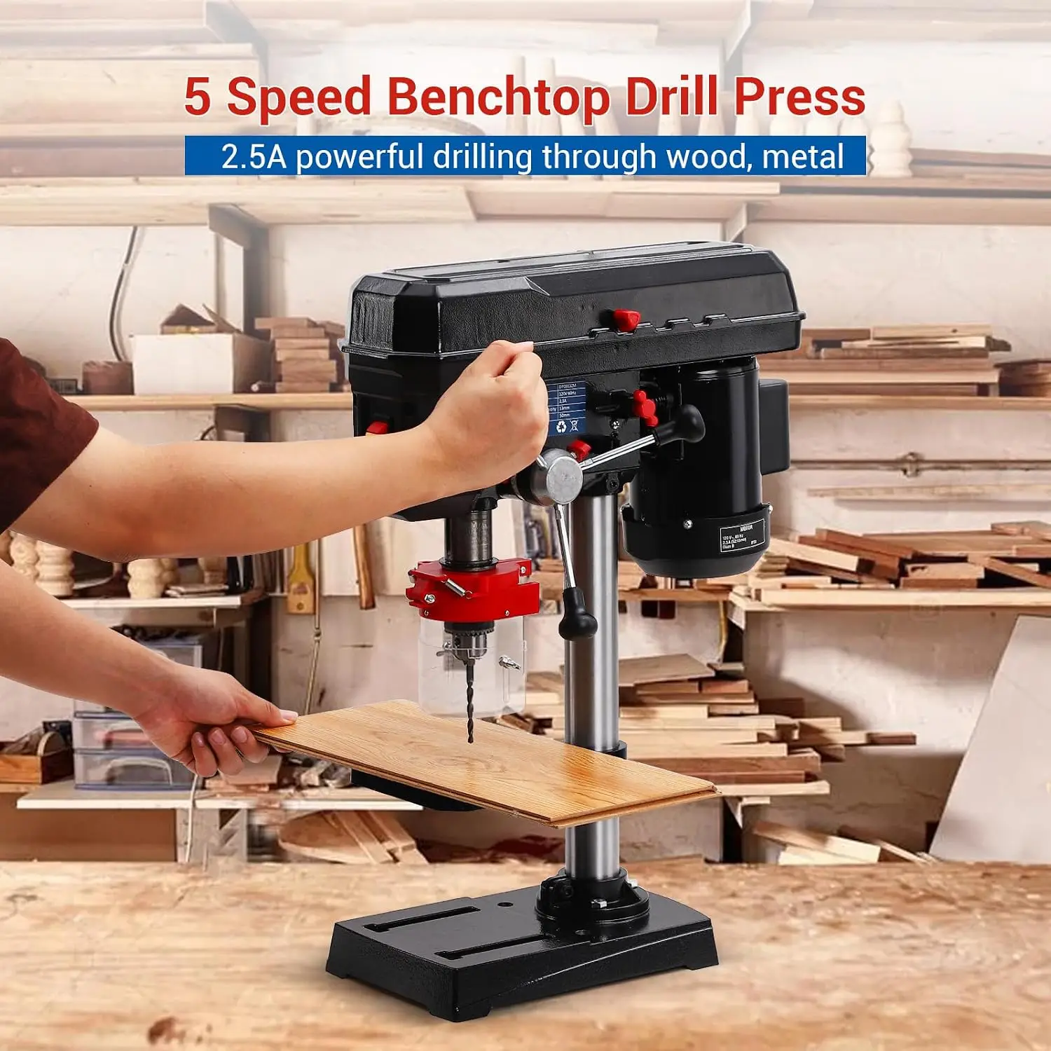 Garvee 8-Inch 5-Speed Benchtop Drill Press Drilling Machine with Laser Guide LED Work Light 0-45° Tilting Worktable & Depth Stop 2.3-Amp Induction Motor for Wood Metal