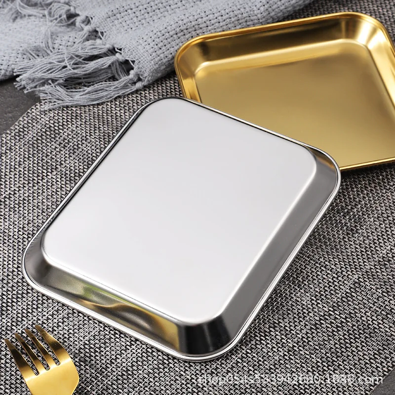 Thickened BBQ square 304 stainless steel plate, Korean-style golden commercial flat-bottomed dish barbecue tableware plate