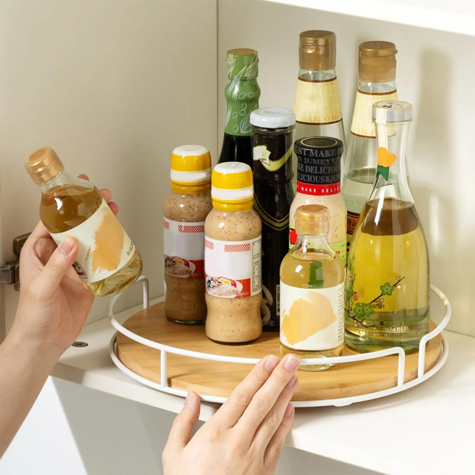 Non Skid Turntable Storage Bamboo Metal Rotating Table Tray Seasoning Organizer Round for Pantry Fridge Countertop