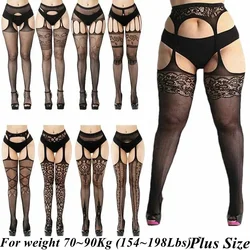 Plus Size Hollow Out knee Thigh High Stocking Black for Women Tights Fishnet Pantyhose Stockings Elastic Sexy Long Socks XXXXL