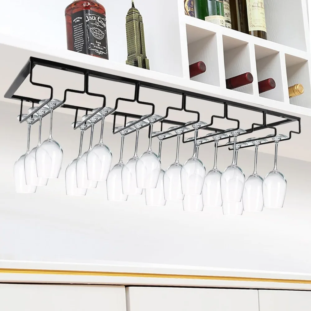 Under Cabinet Stemware Rack 6-Row Wine Glass Holder Storage Hanger for Kitchen Bar Black 2-Pack