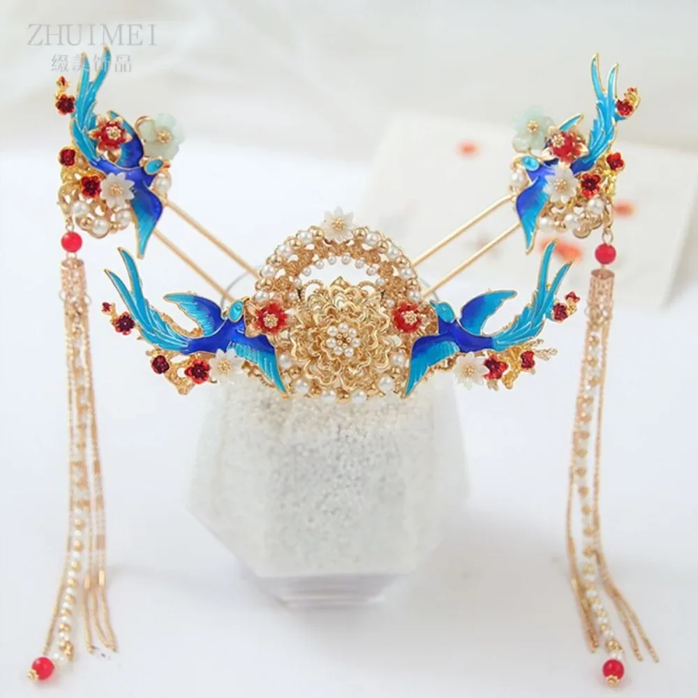 Ancient Style Women's Blue Phoenix Beaded Tassel Hair Crown Hairpin Hanfu Headwear