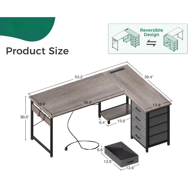 L Shaped Desk with 4 Tier Drawers, 53" Reversible Gaming Desk with Power Outlets, L Shaped Computer Desk with USB Charging Port