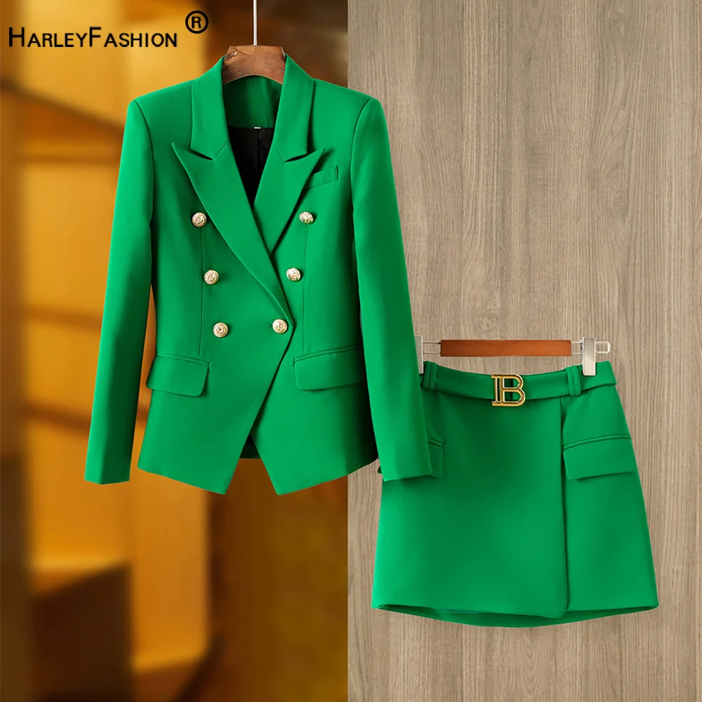 European Design Fresh Green Two-Pieces Blazer Suits Quality High Street Women Bodycon Twin Sets