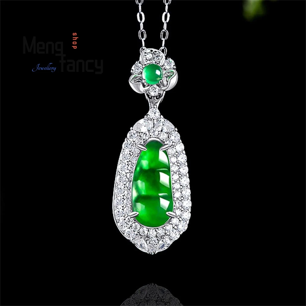 

Natural A-goods Jadeite Yang Green Four Season Beans Ice Jade Pendant S925 Silver Inlaid High-grade Fine Luxury Quality Jewelry