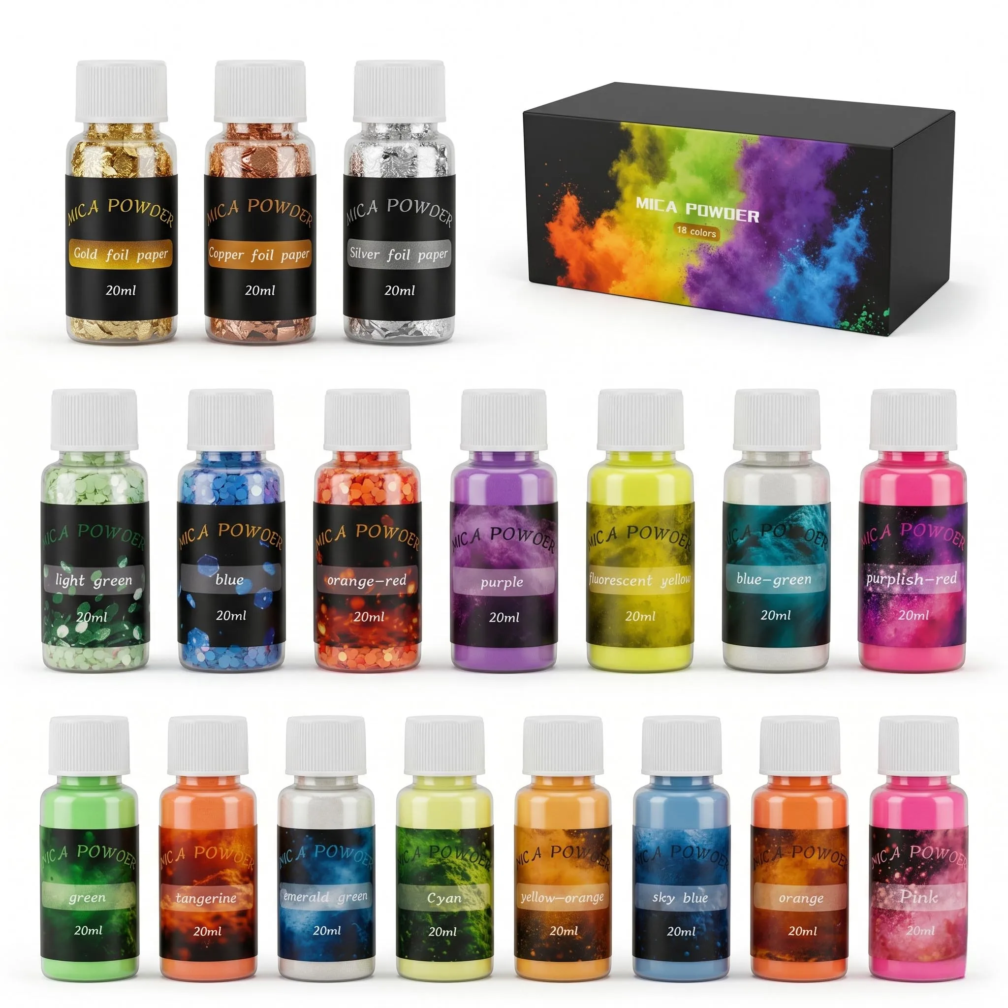LEQU 18 Colors Mica Powder Set Gold Foil Flakes Glow in The Dark Pigment for Epoxy Resin Nail Art GypsumCandleDIYHandmade Crafts