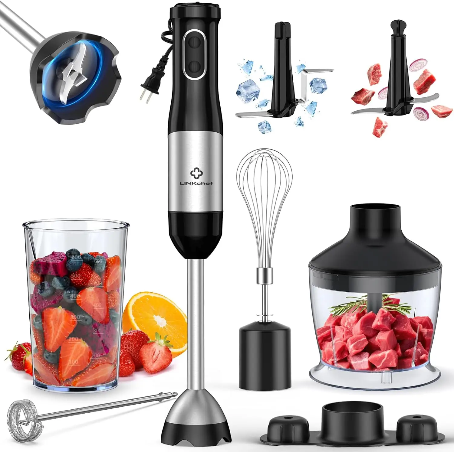 

7-in-1 Immersion Blender with 800W Motor, 20 Speeds, Titanium Steel Blades, Whisk, and Milk Frother for Versatile Kitchen Use