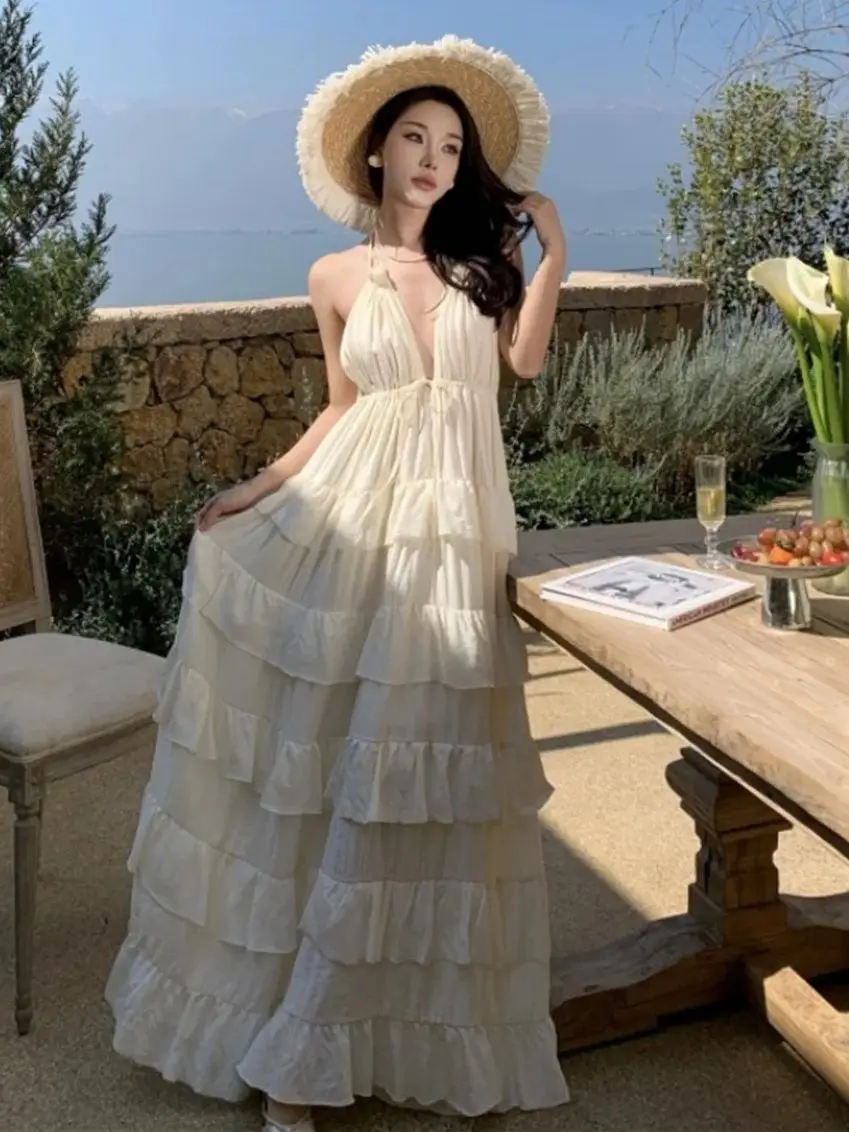 

Women's Summer Holiday Seaside Cotton V-neck Long Dress Spaghetti Strap Sleeveless Backless Lace-up Ruffled Cake Dress