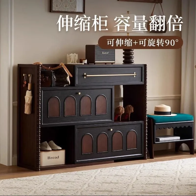 French retro solid wood shoe cabinet, rotating retractable locker