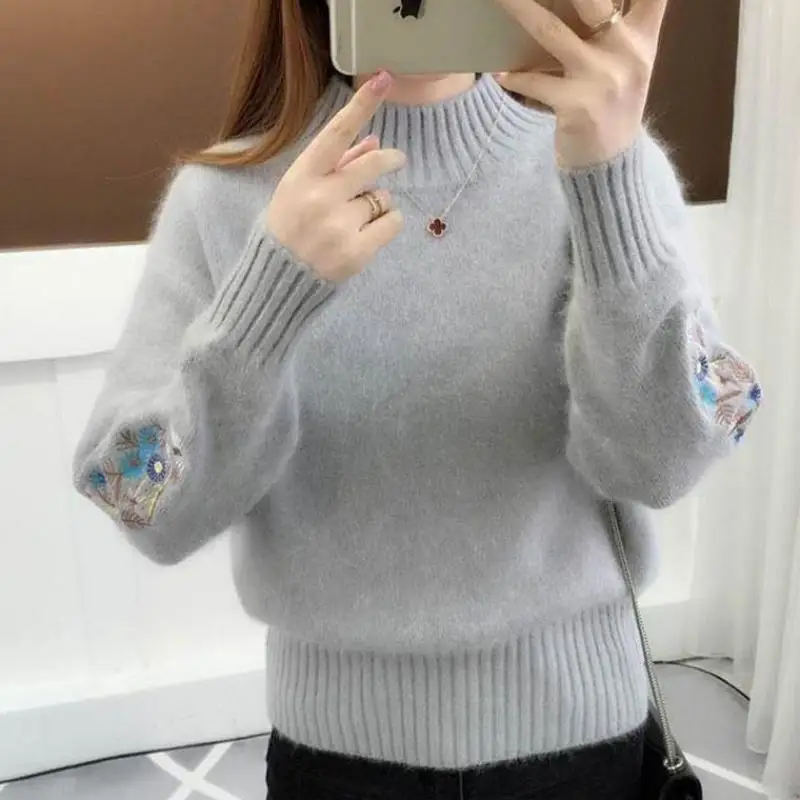 Autumn Winter New Fashion Women\'s Solid Color Half High Collar Embroidery Versatile Pullovers Sweaters Casual Long Sleeve Tops