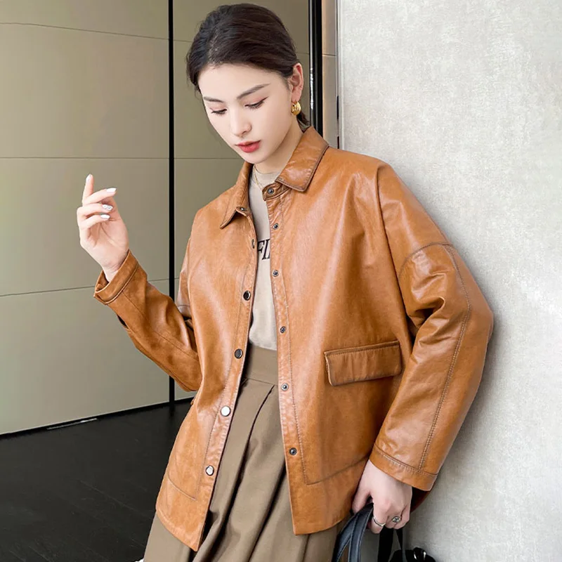 2023 Women's Genuine Sheepskin Leather Shirt New Shacket Real Lambskin Leather Coat Sheep Leather Bomber Jacket CL4026