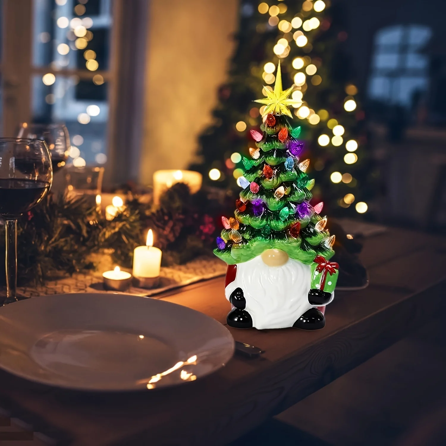 

Battery Operated Cute Gnome Christmas Tree Ornament Resin Statue with 46 Colored Lights for Home Desktop Office Xmas Decoration