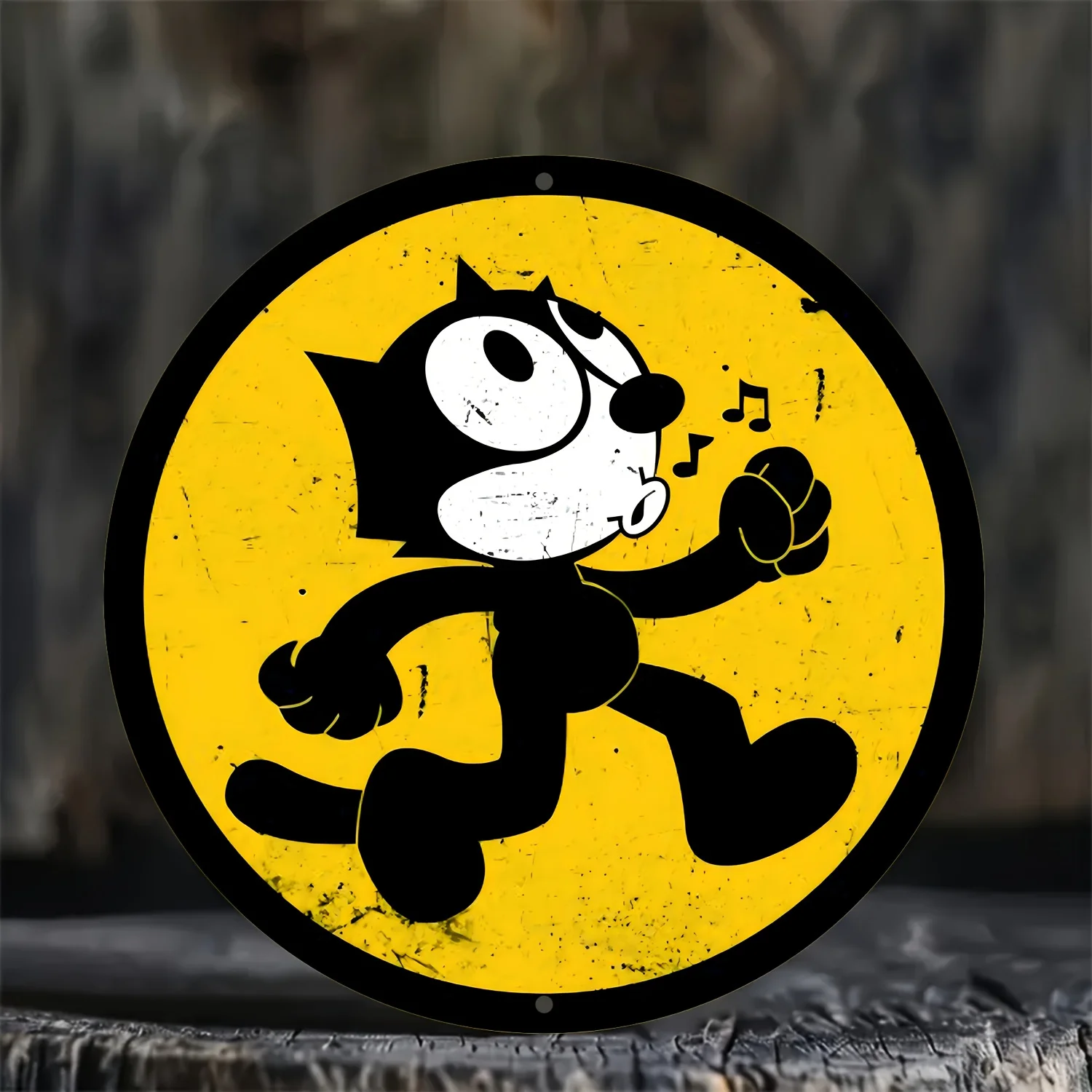 Vintage 2D Metal Wall Art - Retro Felix The Cat Aluminum Sign with Music Notes & Yellow Border, Durable Home Bar Cafe Decor