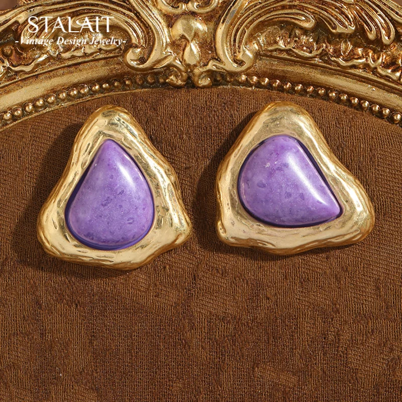 

Vintage Triangular Purple Earrings Natural Stone For Woman Gold Color Valentine Day Gift Luxury Quality Jewelry New 2025 Trend