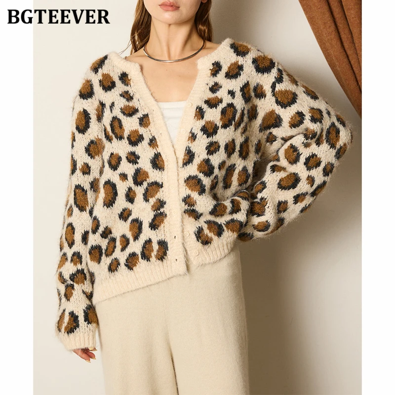 

BGTEEVER Chic Vintage Loose Single-breasted Female Leopard Knitted Cardigans Autumn Winter Long Sleeve Warm Ladies Sweaters