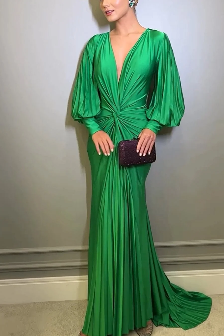 Elegant Deep V Neck Green Maxi Prom Dresses Solid Puff Sleeve Pleated Celebrity Evening Party Club Runway Long Dress For Women