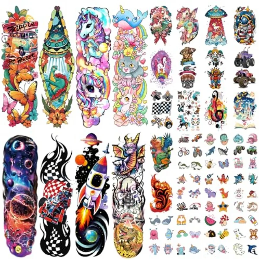

52 PCS Full Arm Temporary Tattoos - Rocket Car Dinosaur Planet Astronaut and Dolpin Castle Cat Body Tattoos Stickers Boys and