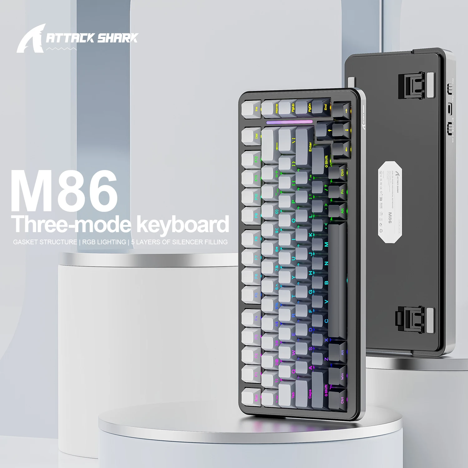 Attack Shark M86 Wireless Keyboard, RGB Lighting, Tri-Mode Connectivity, Gasketed Construction, Hot Swap, WINDOES/MACOS /LINUX