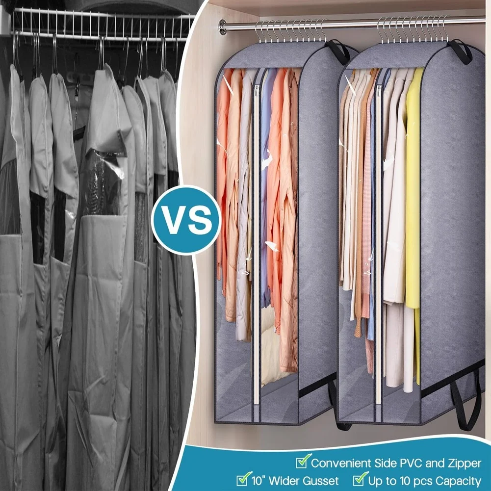 

2PCS Long Garment Bags With Clear Side Panel Portable Foldable Clothe Travel Storage Bags Home Wardrobe Hanging Clothes Bags
