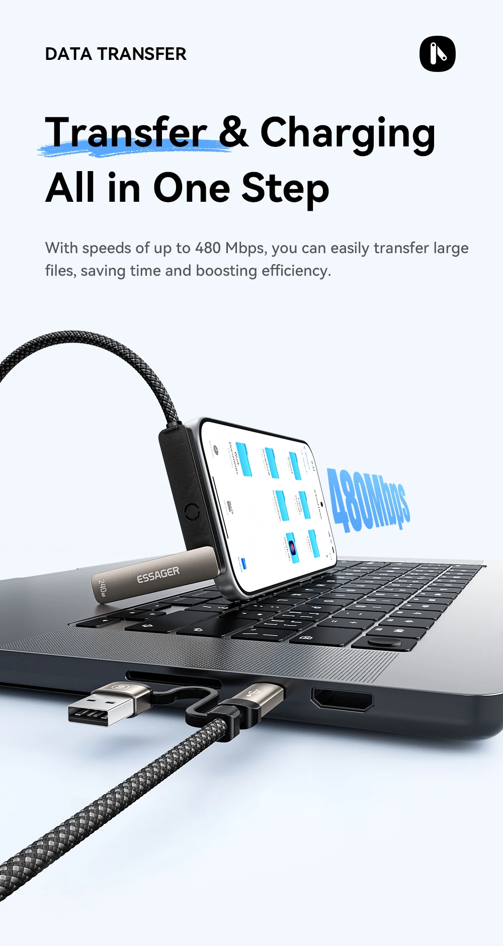 Essager 2-in-1 240W USB-C-Kabel mit Telefonständer für iPhone 17 16 Pro Max iPad Typ-C-Kabel für Macbook Xiaomi Samsung S25 – Detail 8