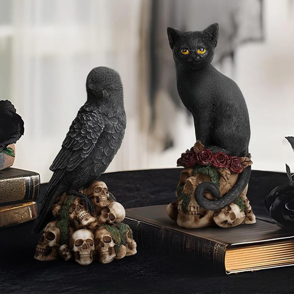 

Halloween Decoration Mysterious Dark-Style Skull Animal Cat Crow Statue Ornament Resin Craft for Home Decoration