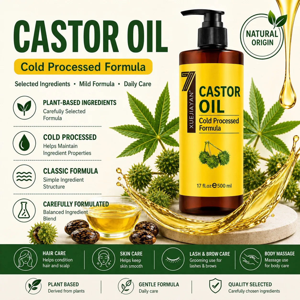 500ml Pure Castor Carrier Oil No Additives Cold Pressed Unrefined Natural Base Oil for Hair Growth Eyelash Eyebrow Skin Massage