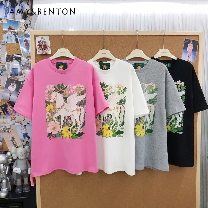 

Design Sense Rhinestone Cartoon Print Y2k Kawai Tshirt Fashion Versatile Short Sleeve T-shirt Trendy Casual Loose Round Neck Top
