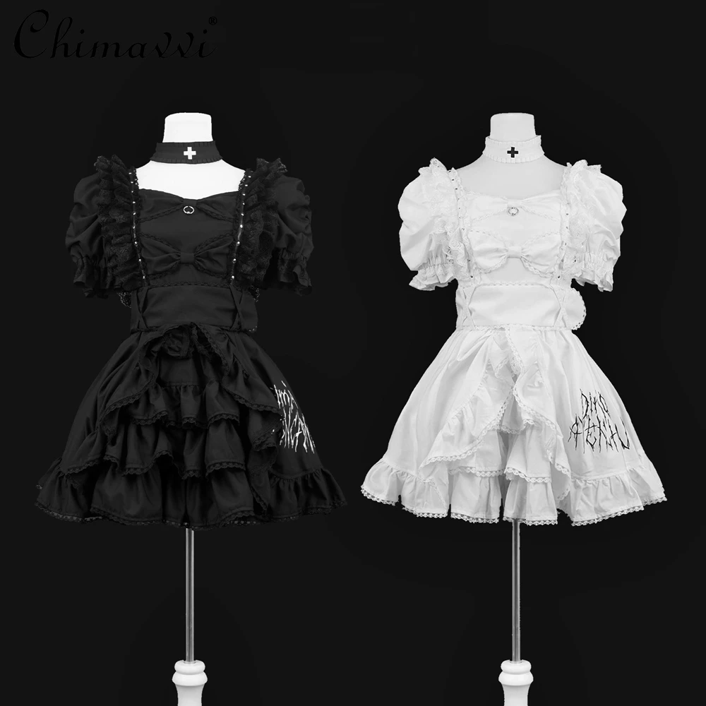 Japanese Mine Style Women Girls Gothic Letter Print Puffy Gauze Dress Summer New Short Sleeve Sweet Cross Collar Lo Dresses